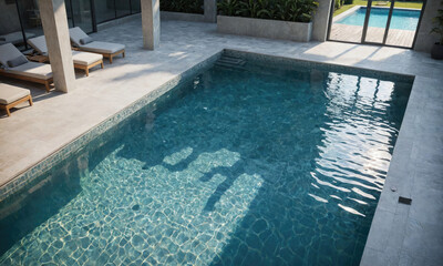 Obraz premium A clear, blue pool shimmers under the sun, inviting relaxation and a refreshing dip