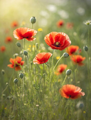 Obraz premium Wild Poppy Cluster in a Meadow with Dreamy Blurred Background