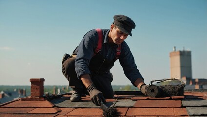 A chimney sweep cleans a chimney on the roof of a building