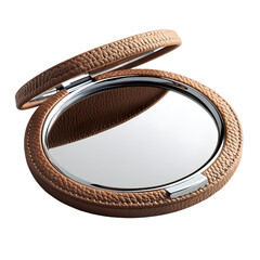 A round compact mirror with a leather cover and silver trim, ideal for personal grooming and beauty.