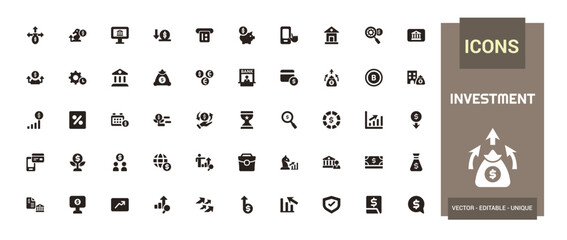 Investment icon collection. Related to investor, mutual fund, filled icons set, glyph for web and ui. Solid icons set. Vector illustration.