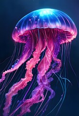 Jellyfish glow in blue, pink, and purple, with exquisite detail, composed of artistic buds