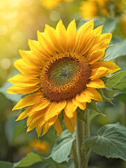 Obraz premium Single Sunflower with Soft Green and Yellow Bokeh