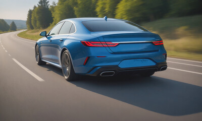 Fototapeta premium A blue sedan drives down a winding road in the countryside on a sunny day