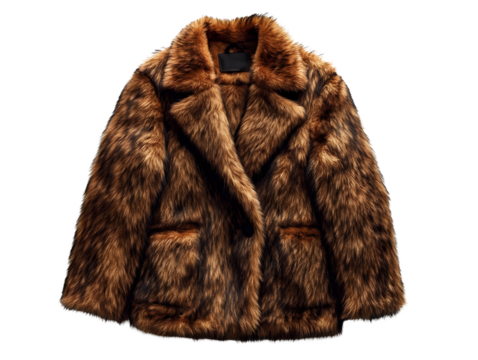 Stylish faux fur coat featuring a trendy design and rich brown tones, perfect for modern fashion lovers.