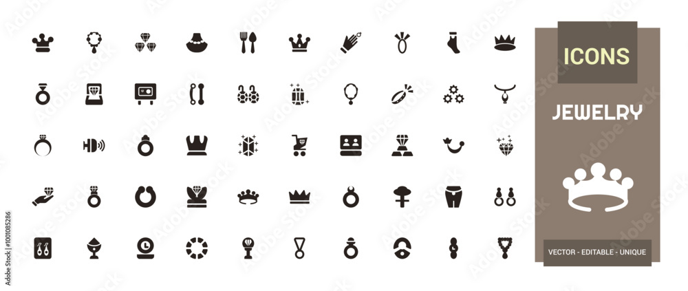 Poster set of jewelry icons collection. simple solid art style icon pack. filled glyph set for web and ui. 