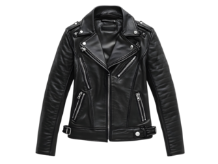 Stylish black leather biker jacket, front view, ideal for fashion and apparel promotion.