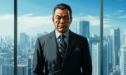 Man in suit overlooking cityscape from window.