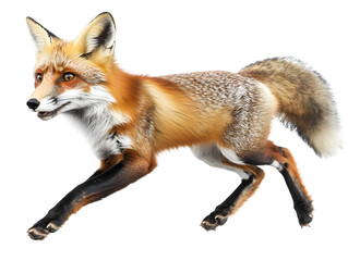 Obraz premium Furry red fox in motion, displaying vibrant colors and dynamic movement against a white isolated background.