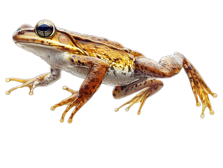 A vibrant frog perched gracefully against a white background, showcasing its vivid colors and intricate patterns.