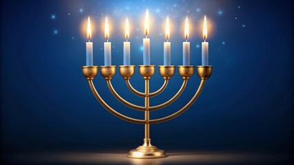 Menorah with lit candles on a blue background. Banner, greeting card for Hanukkah, Jewish holidays