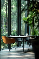Fototapeta premium A modern workspace featuring a table and chairs surrounded by greenery and large windows.