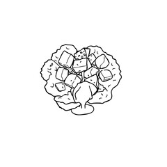 Caesar Salad Illustrated in Black Outline - Classic Dish with Croutons, Cheese, and Dressing for Menus