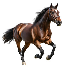 Obraz premium A majestic brown horse galloping gracefully, showcasing power and beauty against a white isolated background.