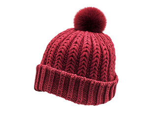 Cozy red knitted beanie hat with a pompom, perfect for winter fashion and warmth, isolated on a white background.