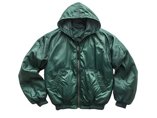 Stylish green hooded jacket on a white isolated background.