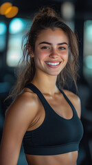 Smiling athletic woman in sportswear radiates positivity after her gym workout, embodying a healthy lifestyle and the benefits of exercise for body and mind
