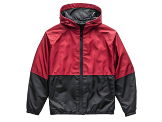 Stylish red and black hooded jacket, perfect for outdoor activities and casual wear, isolated on a white background.