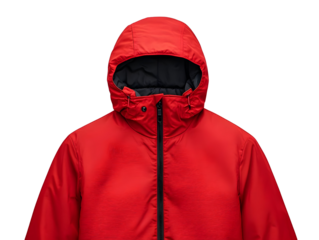 Red hooded jacket on a white isolated background, ideal for outdoor and winter fashion representation.