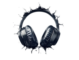 Stylish black headphones with an artistic splash effect, isolated on a white background.