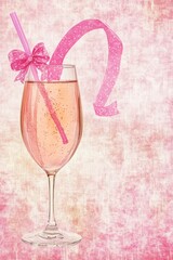 A pink drink in a glass with a straw and decorative ribbon on a textured background.