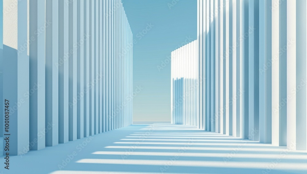 Poster abstract minimalist architecture with tall white columns under a clear blue sky creating a serene at