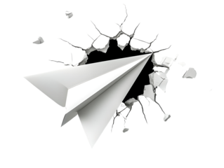 A white paper airplane flying through a cracked wall, symbolizing freedom and creativity.
