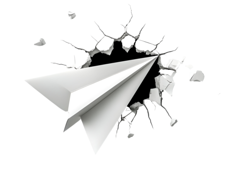 A white paper airplane flying through a cracked wall, symbolizing freedom and creativity.