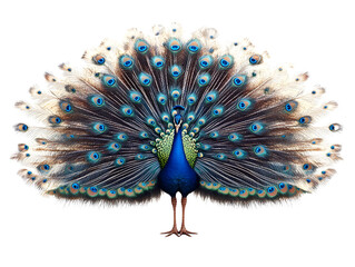 A vibrant peacock displaying its stunning colorful feathers against a white isolated background. © Earny
