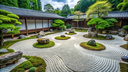 Japanese zen garden with raked gravel, stones, and small trees. Concept of tranquility, outdoor design, mindfulness