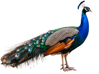 A colorful peacock standing majestically, showcasing its vibrant feathers against a white isolated background.