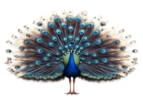 A vibrant peacock displaying its stunning colorful feathers against a white isolated background.