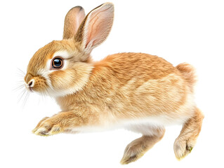 A playful rabbit in mid-leap, showcasing its soft fur and alert expression on a white isolated background.