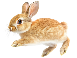 A playful rabbit in mid-leap, showcasing its soft fur and alert expression on a white isolated background.