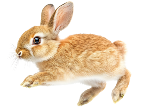 A playful rabbit in mid-leap, showcasing its soft fur and alert expression on a white isolated background.