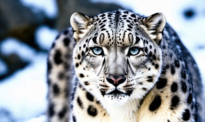 Naklejka premium A snow leopard stares intensely into the camera with piercing blue eyes