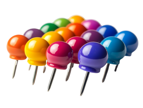 Colorful push pins arranged neatly on a white isolate background, perfect for office or DIY projects.