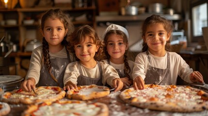 Four young girls are standing around a table with several pizzas on it