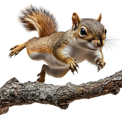 Obraz premium A playful squirrel leaps from a branch, showcasing its agility and lively nature against a white isolated background.