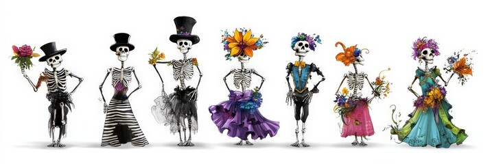 Naklejka premium colorful day of the dead skeleton costumes