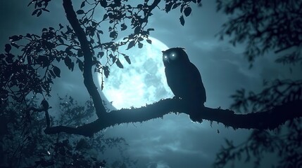 A mystical owl perched on a branch under a glowing moon, surrounded by dark leaves, evoking a sense of mystery and nighttime tranquility.