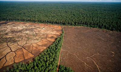A stark contrast of a lush forest bordering a recently deforested area in the Amazon rainforest