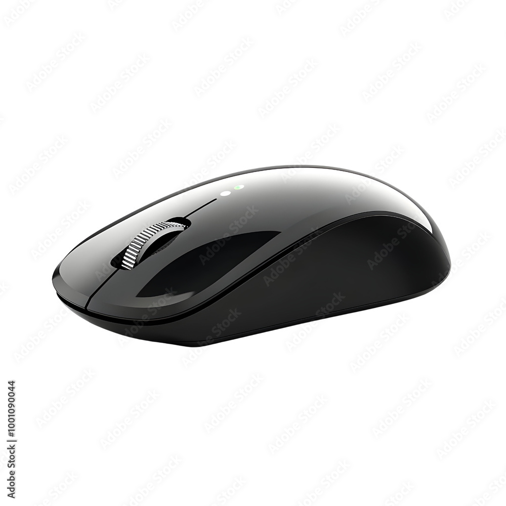 Poster wireless black computer mouse on a white isolated background.