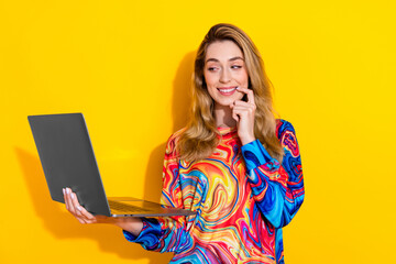 Photo portrait of attractive young woman hold netbook minded look dressed stylish colorful clothes...