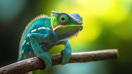 Obraz premium tropical forest scene with a green chameleon perched on a branch in daylight, showing its unique camouflage ability and vibrant colors in its natural environment