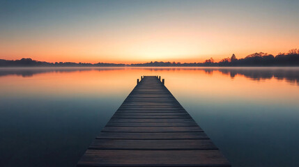 Obraz premium Stunning sunrise reflects in the calm waters as a wooden dock extends into the lake