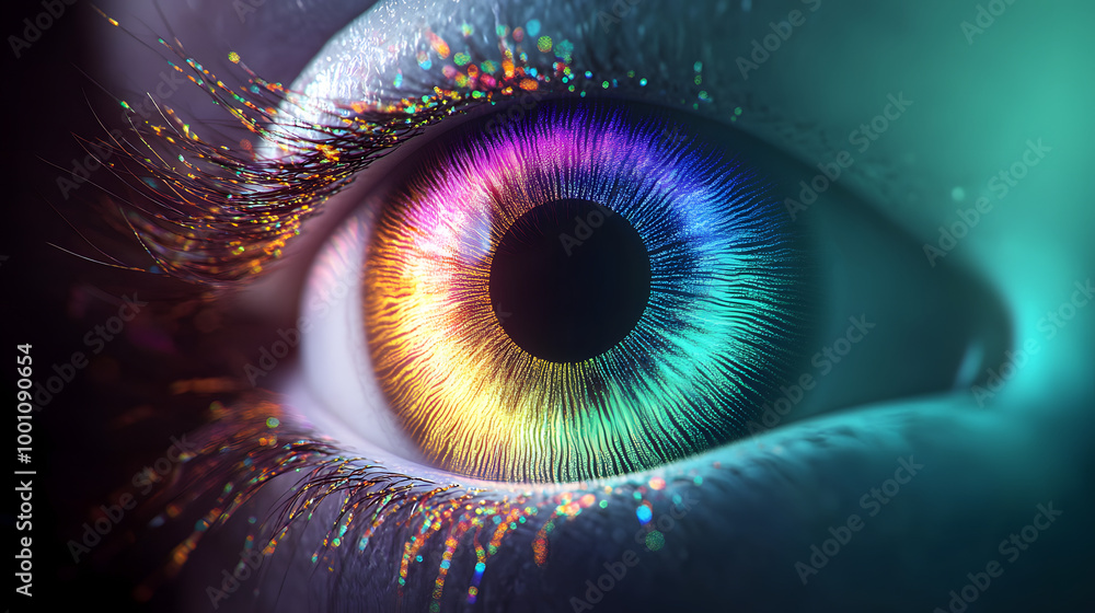 Poster human multicolored iris of the eye animation concept. rainbow lines after a flash scatter out of a b