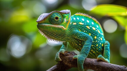 Fototapeta premium tropical forest scene with a green chameleon perched on a branch in daylight, showing its unique camouflage ability and vibrant colors in its natural environment