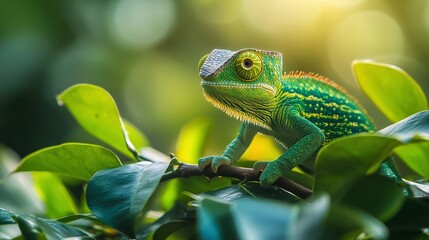 Fototapeta premium tropical forest scene with a green chameleon perched on a branch in daylight, showing its unique camouflage ability and vibrant colors in its natural environment