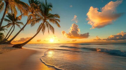 A serene beach at sunset with palm trees and gentle waves.